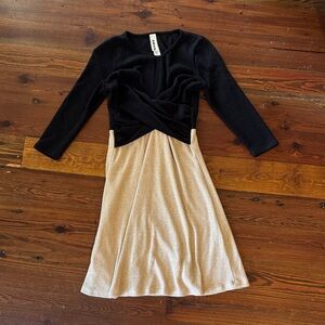 Twist-Front Two-Tone Mini Dress in Black and Beige